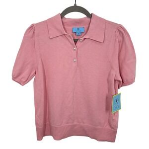 CeCe Cute Pink Puff Sleeve Collared Knit Polo Shirt Pearl Buttons Women's XS NWT